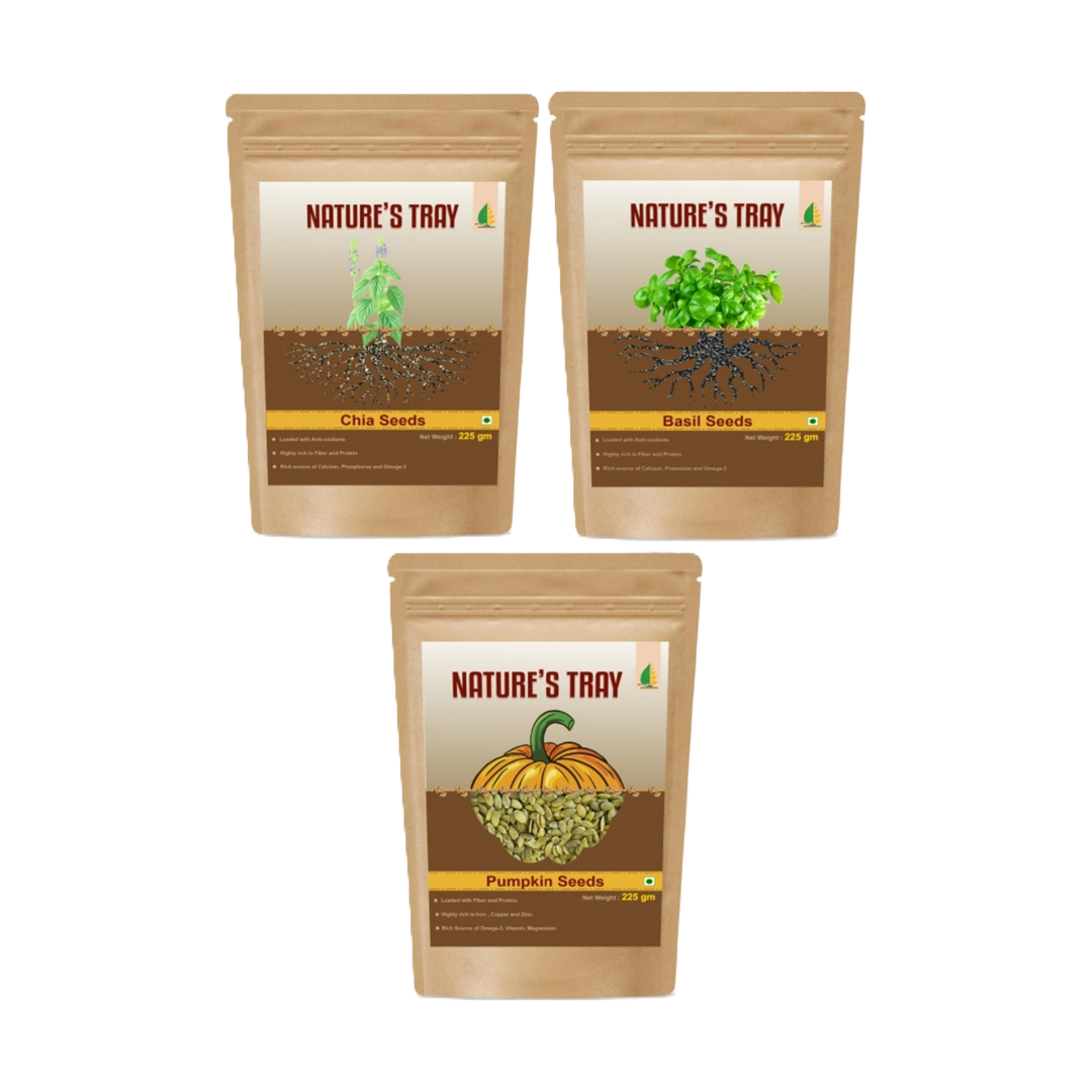 Combo of 3 of 225gm ( Chia Seeds+Basil Seeds+Raw Pumpkin Seeds )