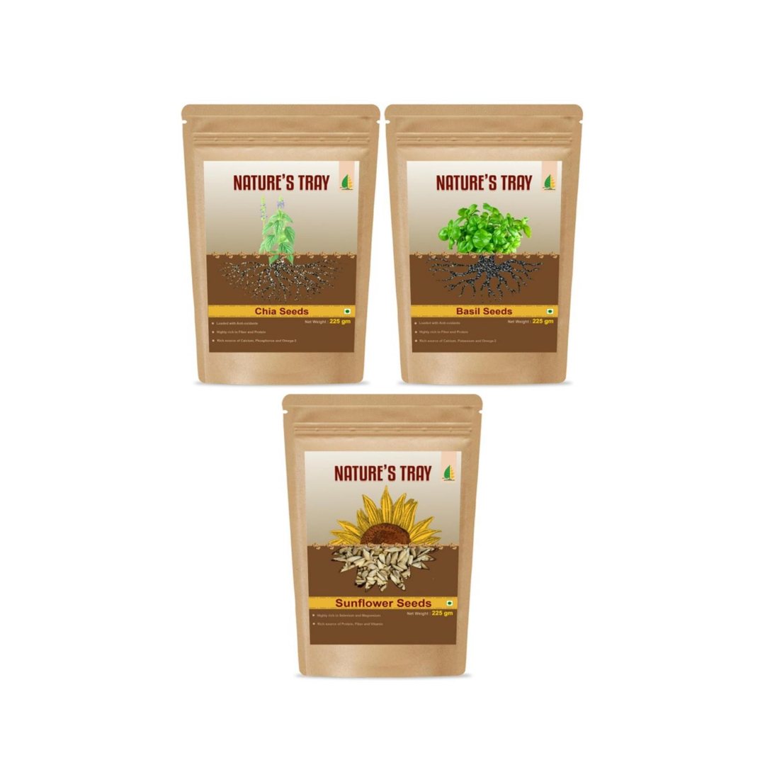 Combo of 3 of 225gm ( Chia Seeds+Basil Seeds+Raw Sunflower Seeds)